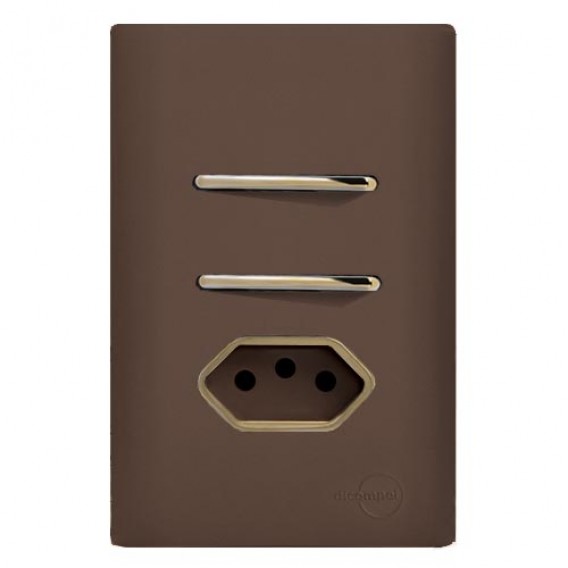 Conjunto Interruptor Duplo Simples + Tomada 10A 4x2 - Novara Marrom Fosco Gold